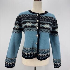 VTG Tally Ho Fair Isle Blue Wool Cardigan Button Sweater Sz L Cottagecore Cabin